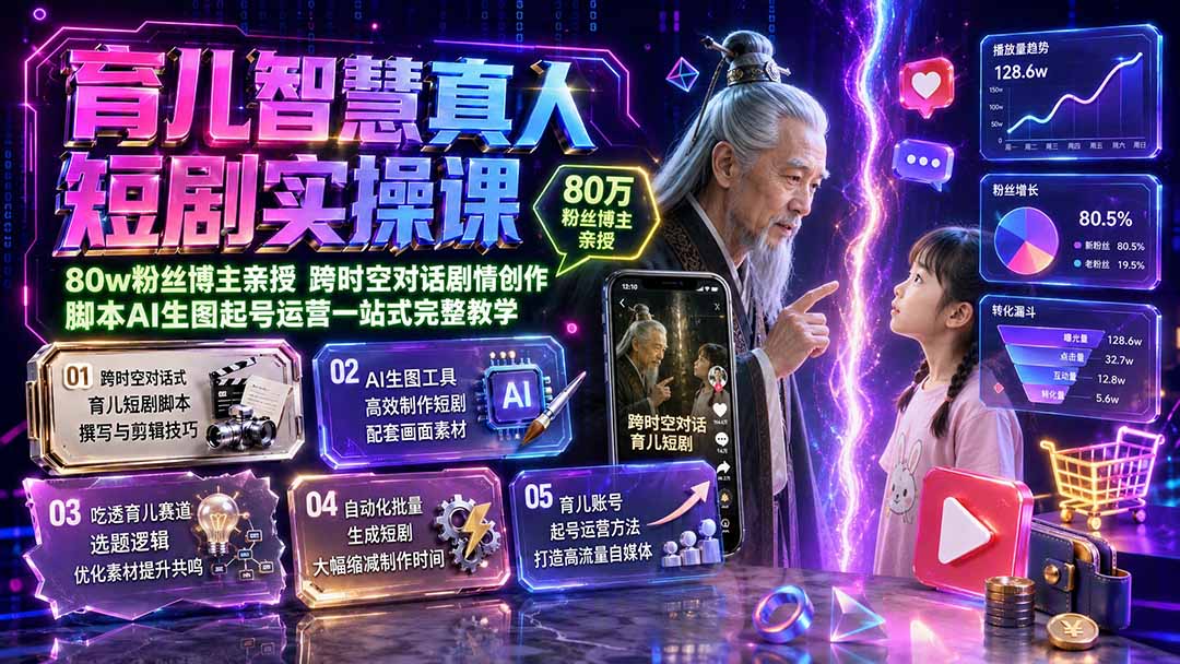 育儿智慧真人短剧实操课｜80w粉丝博主亲授，跨时空对话剧情创作，脚本AI生图起号运营一站式完整教学-智享云联