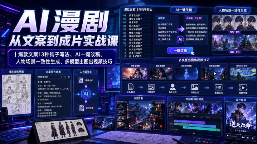 AI漫剧从文案到成片实战课|爆款文案13种钩子写法、AI一键改稿、人物场景一致性生成、多模型出图出视频技巧-智享云联
