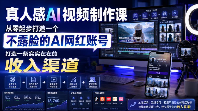 真人感AI视频制作课,从零起步打造一个不露脸的AI网红账号,打造一条实实在在的收入渠道【原创双语字幕】-智享云联