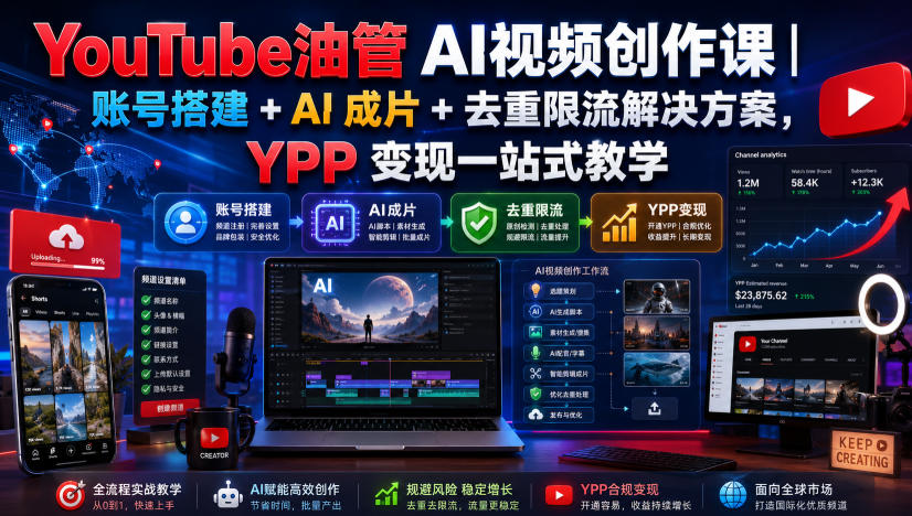 YouTube油管AI视频创作课|账号搭建+AI成片+去重限流解决方案,YPP变现一站式教学-智享云联