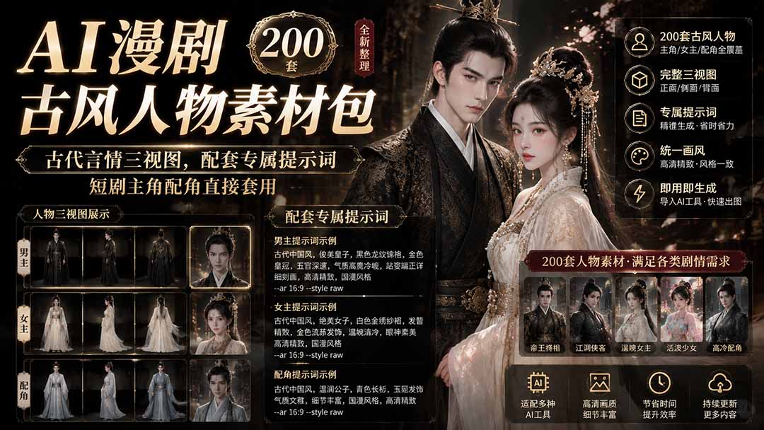 AI漫剧古风人物素材包+提示词｜200 套古代言情三视图，配套专属提示词短剧主角配角直接套用-智享云联