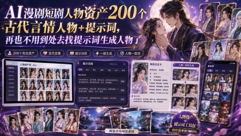 AI漫剧短剧人物资产200个古代言情人物+提示词，再也不用到处去找提示词生成人物了-智享云联