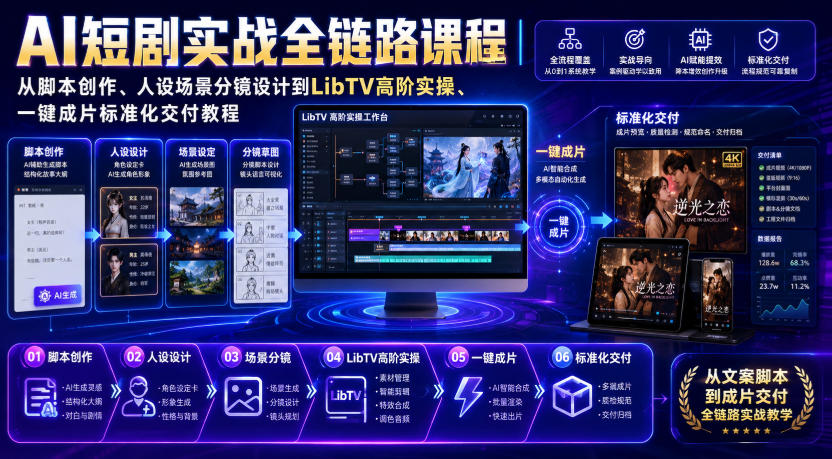 AI短剧实战全链路课程|从脚本创作、人设场景分镜设计到LibTV高阶实操、一键成片标准化交付教程-智享云联