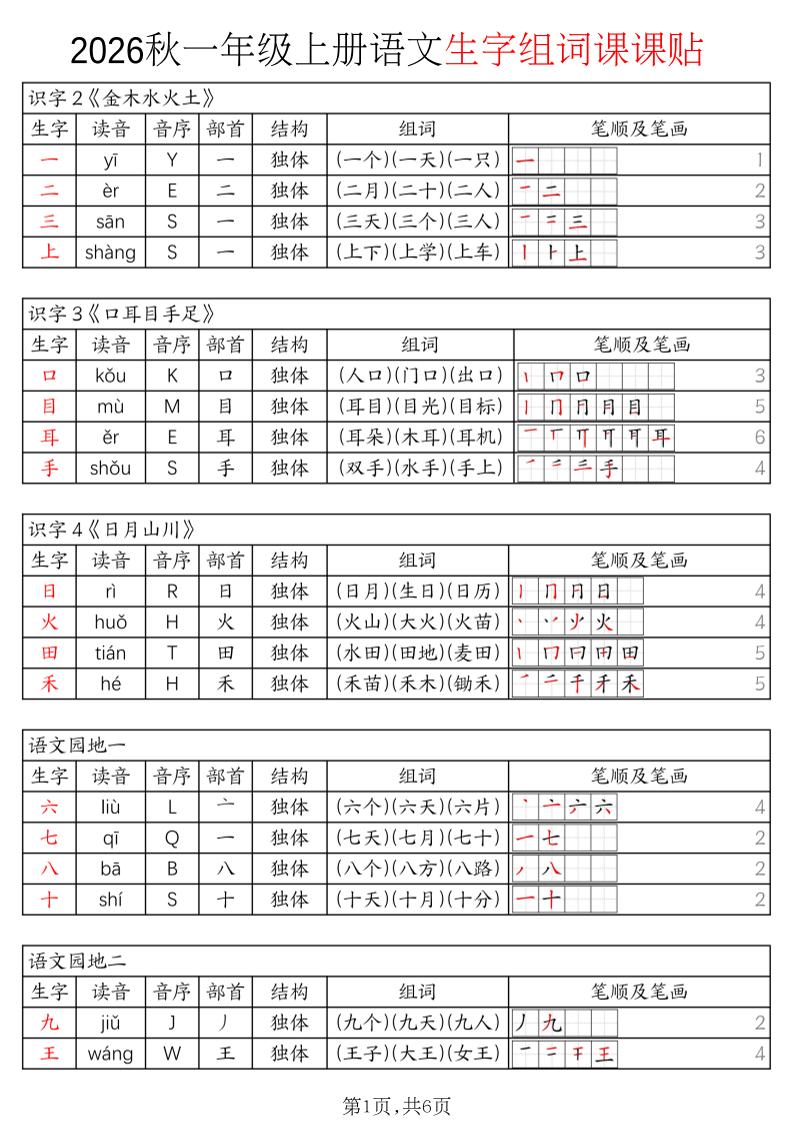 2026秋一年级上册语文生字组词课课贴-智享云联