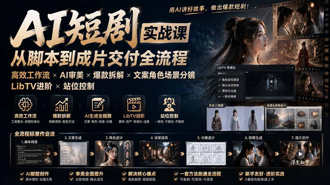 AI短剧实战课:高效工作流×AI审美×爆款拆解×文案角色场景分镜×LibTV进阶×站位控制×从脚本到成片交付全流程-智享云联
