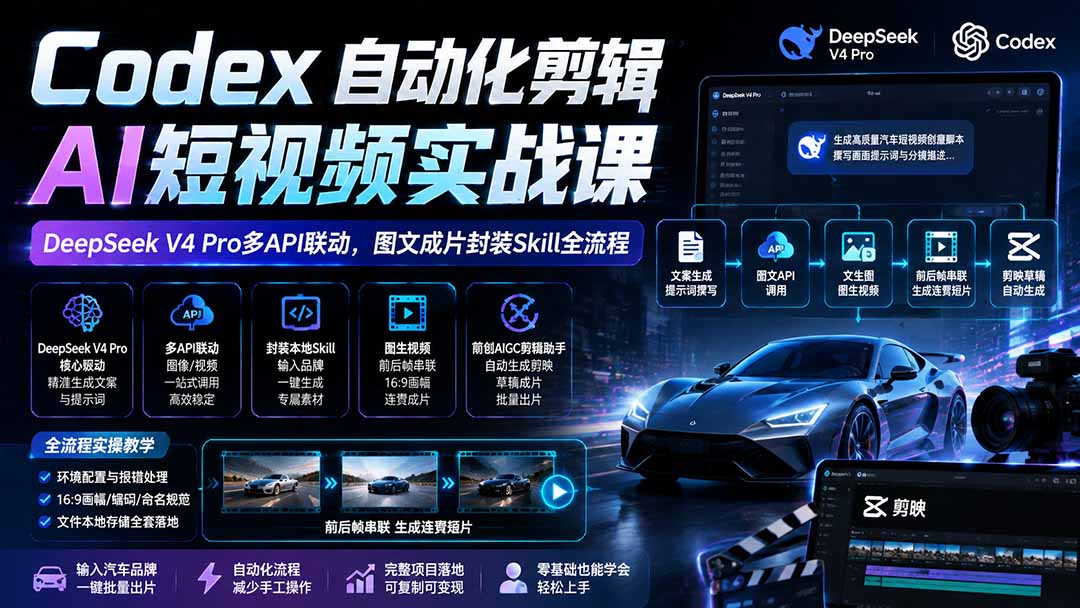 Codex自动化剪辑AI短视频实战课｜DeepSeek V4 Pro多API联动，图文成片封装Skill全流程-智享云联