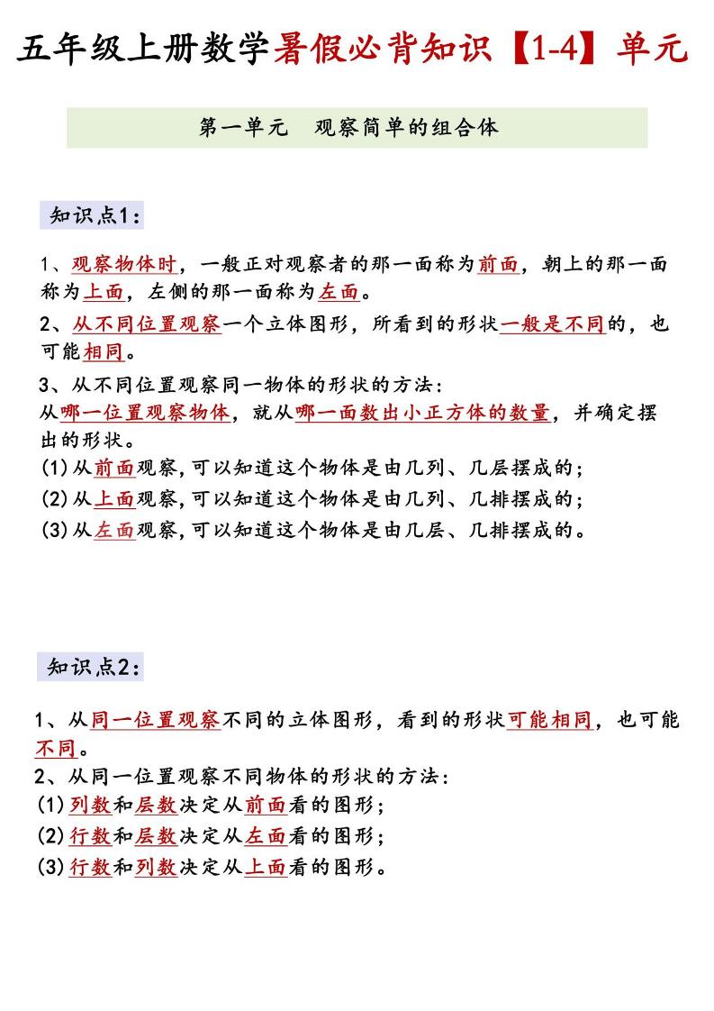 26新五上数学【1-4】单元必背知识《人教版》-智享云联