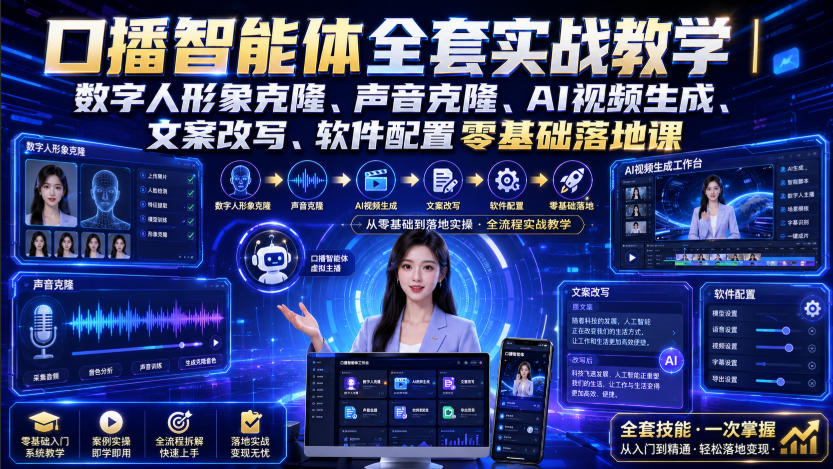 口播智能体全套实战教学|数字人形象克隆、声音克隆、AI视频生成、文案改写、软件配置零基础落地课-智享云联