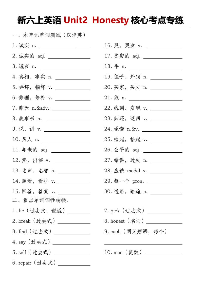 译林版《新六上英语Unit2Honesty核心考点专练》-智享云联