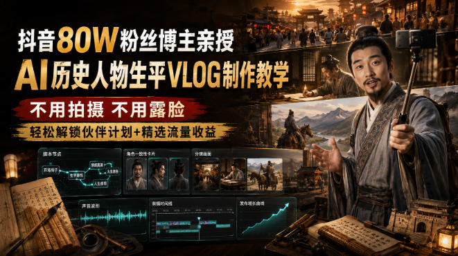 抖音80W粉丝博主的AI历史人物生平VLOG教学，不用拍摄不用露脸，AI帮你搞定，轻松解锁伙伴计划+精选收益-智享云联