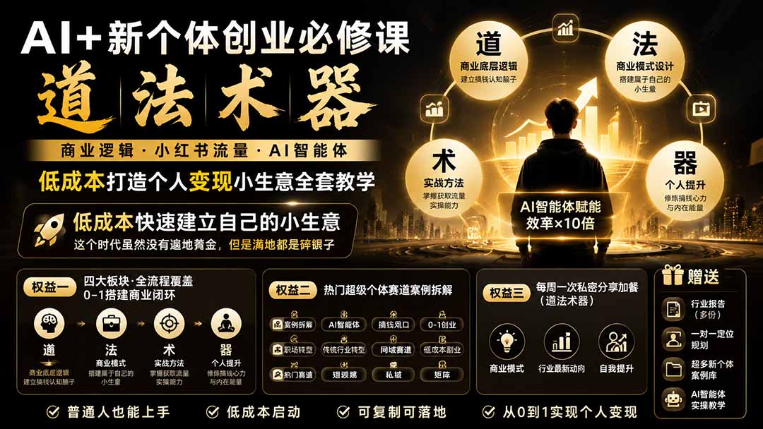 AI+新个体创业必修课|道法术器|商业逻辑·小红书流量·AI智能体|低成本打造个人变现小生意全套教学-智享云联