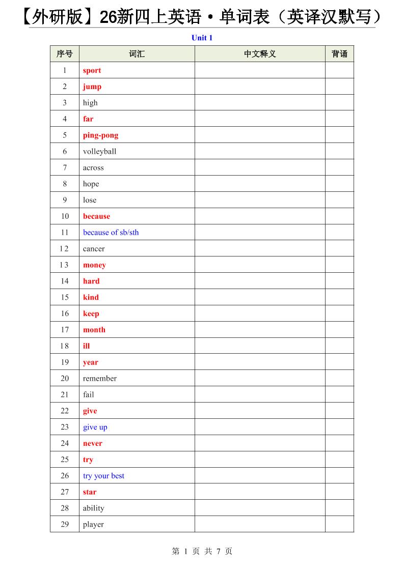 【外研版】26新四上英语·单词表（英译汉默写）-智享云联
