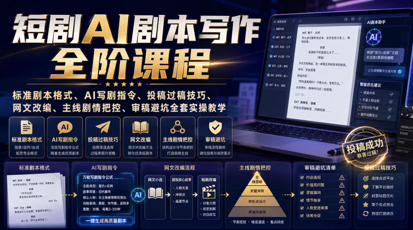短剧AI剧本写作全阶课程|标准剧本格式、AI写剧指令、投稿过稿技巧、网文改编、主线剧情把控、审稿避坑全套实操教学-智享云联