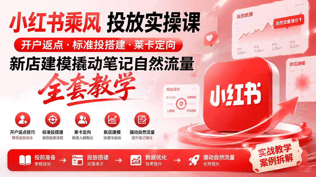 小红书乘风投放-100分钟实操课｜开户返点·标准投搭建·莱卡定向，新店建模撬动笔记自然流量全套教学-智享云联