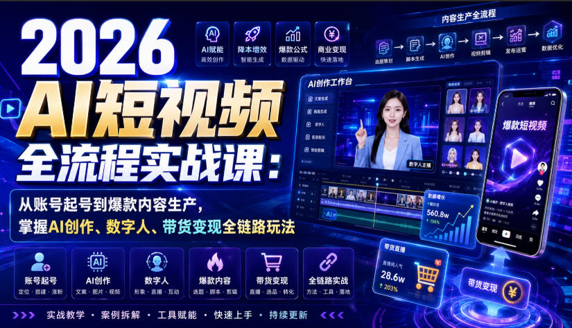 2026 AI短视频全流程实战课：从账号起号到爆款内容生产，掌握AI创作、数字人、带货变现全链路玩法-智享云联