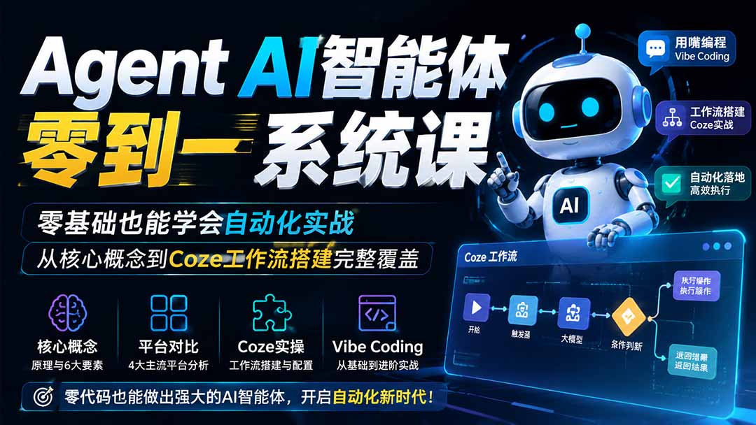 Agent AI智能体零到一系统课；零基础也能学会自动化实战，从核心概念到Coze工作流搭建完整覆盖-智享云联