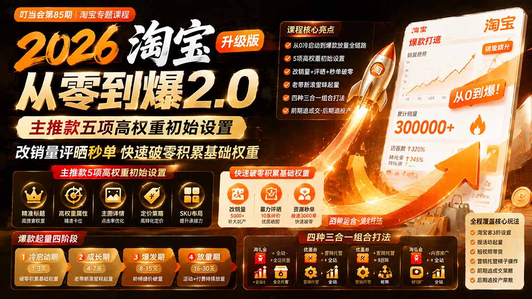 2026淘宝从零到爆2.0第85期;主推款五项高权重初始设置,改销量评晒秒单快速破零积累基础权重-智享云联