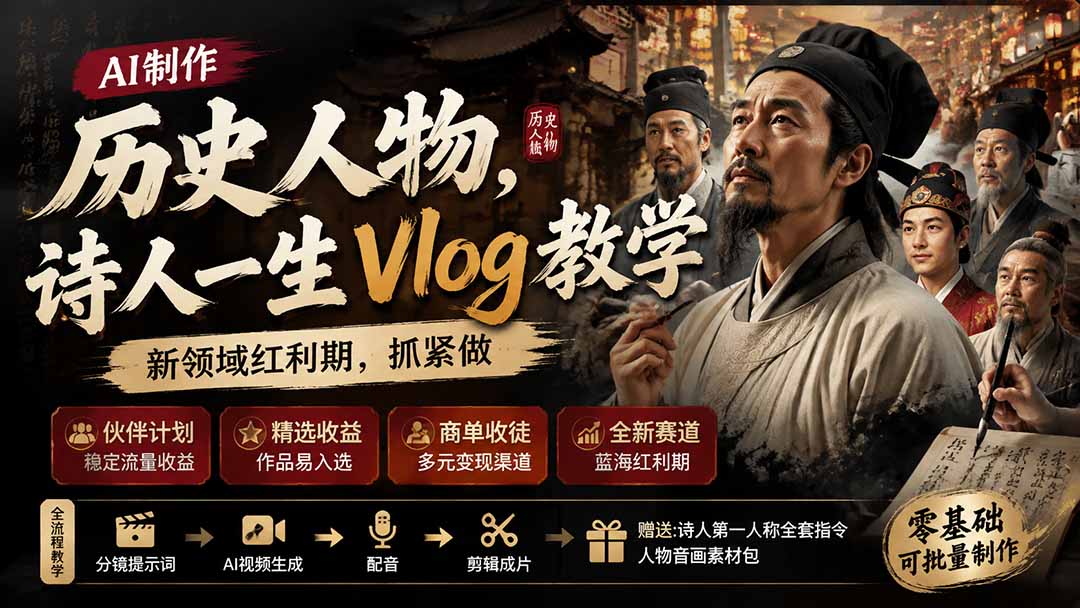 历史人物，诗人一生Vlog教学， AI制作丨伙伴计划丨精选收益丨商单收徒 ，新领域红利期，抓紧做-智享云联
