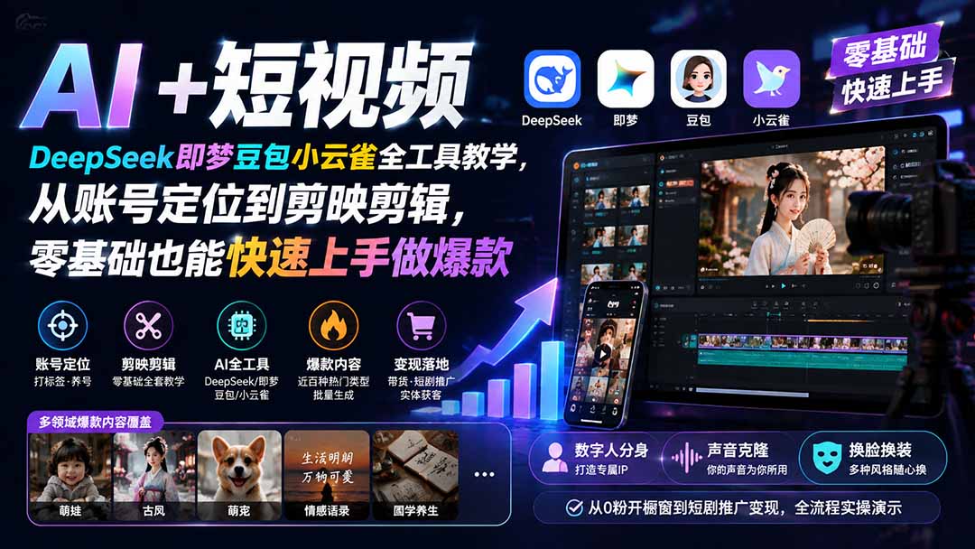 AI+短视频|DeepSeek即梦豆包小云雀全工具教学,从账号定位到剪映剪辑,零基础也能快速上手做爆款-智享云联