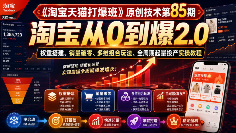 《淘宝天猫打爆班》原创技术第85期，淘宝从0到爆2.0，权重搭建、销量破零、多维组合玩法、全周期起量投产实操教程-智享云联