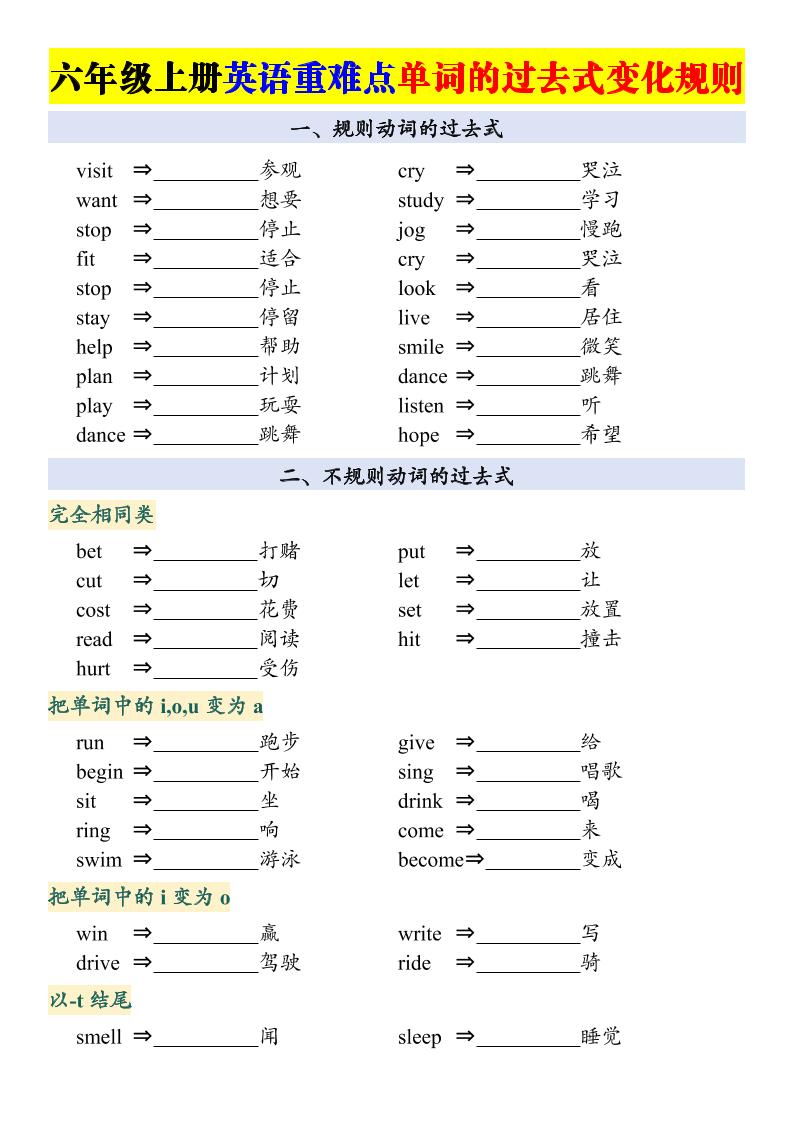 六上英语重点：动词的过去式变化专项-智享云联