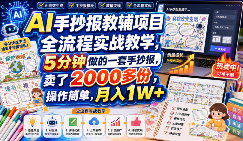 AI手抄报教辅项目全流程实战教学,5分钟做的一套手抄报,卖了2000多份,操作简单,月入1W+-智享云联