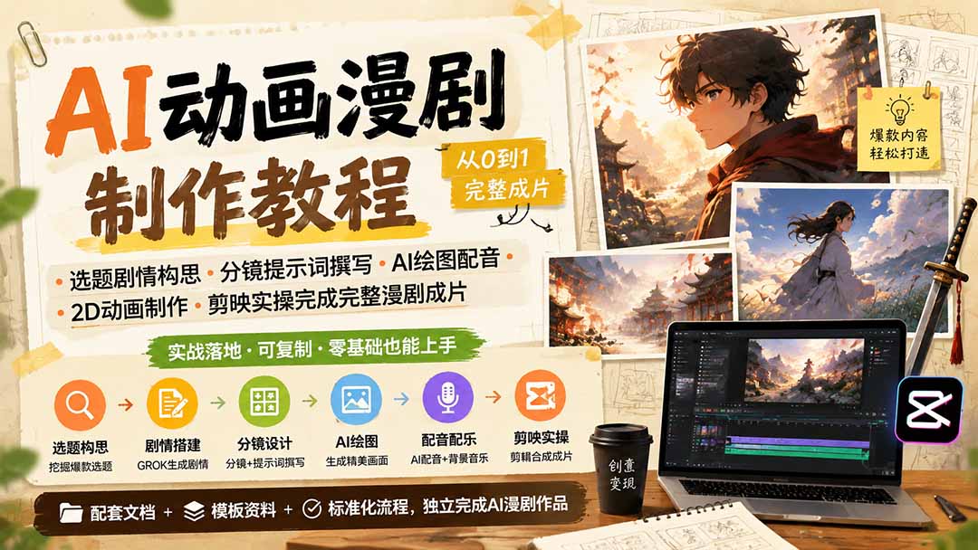 AI动画漫剧制作教程｜选题剧情构思·分镜提示词撰写·AI绘图配音·2D动画制作·剪映实操完成完整漫剧成片-智享云联