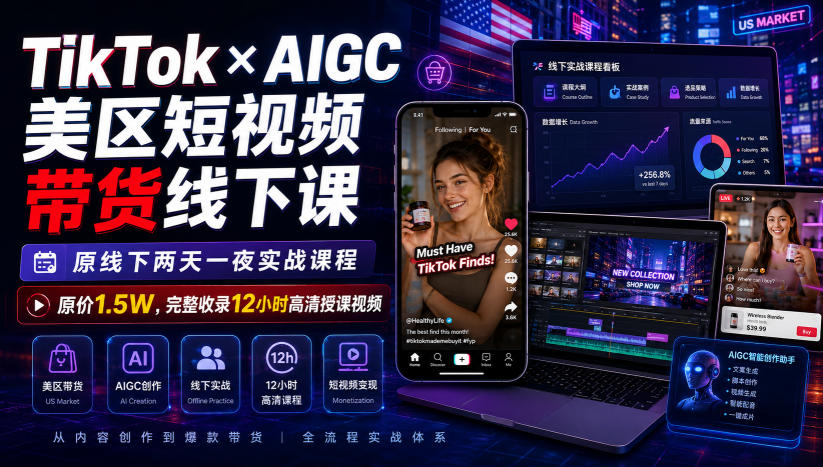 TikTok×AIGC美区短视频带货线下课，原线下两天一夜实战课程，原价1.5W，完整收录12小时高清授课视频-智享云联