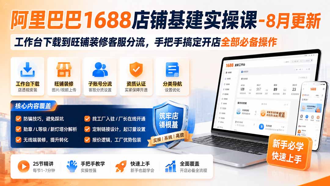 阿里巴巴1688店铺基建实操课-8月更新;工作台下载到旺铺装修客服分流,手把手搞定开店全部必备操作-智享云联