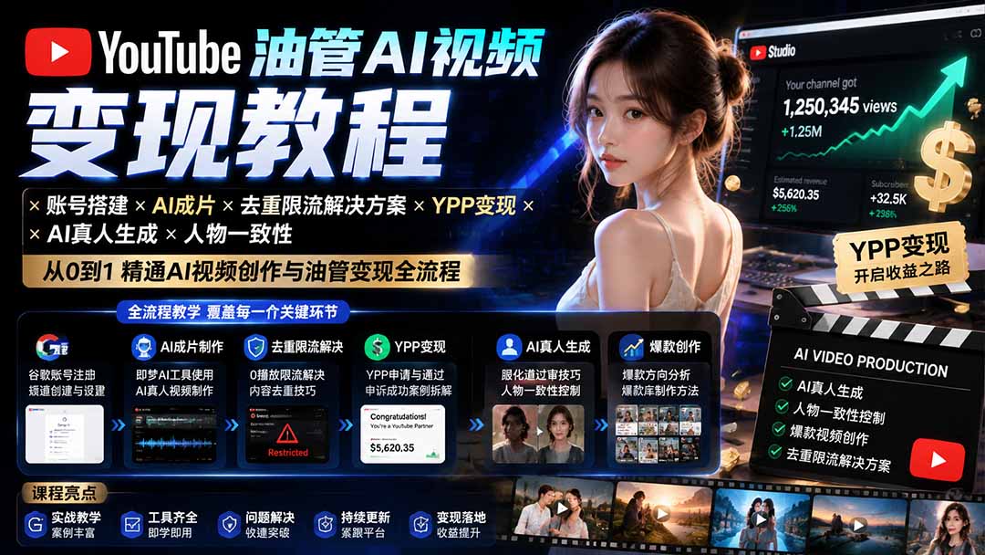 YouTube油管AI视频变现教程-更新：账号搭建×AI成片×去重限流解决方案×YPP变现×AI真人生成×人物一致性-智享云联