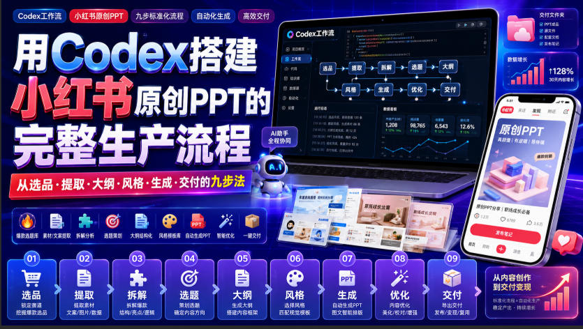 用Codex搭建小红书原创PPT的完整生产流程,从选品·提取·大纲·风格·生成·交付的九步法-智享云联