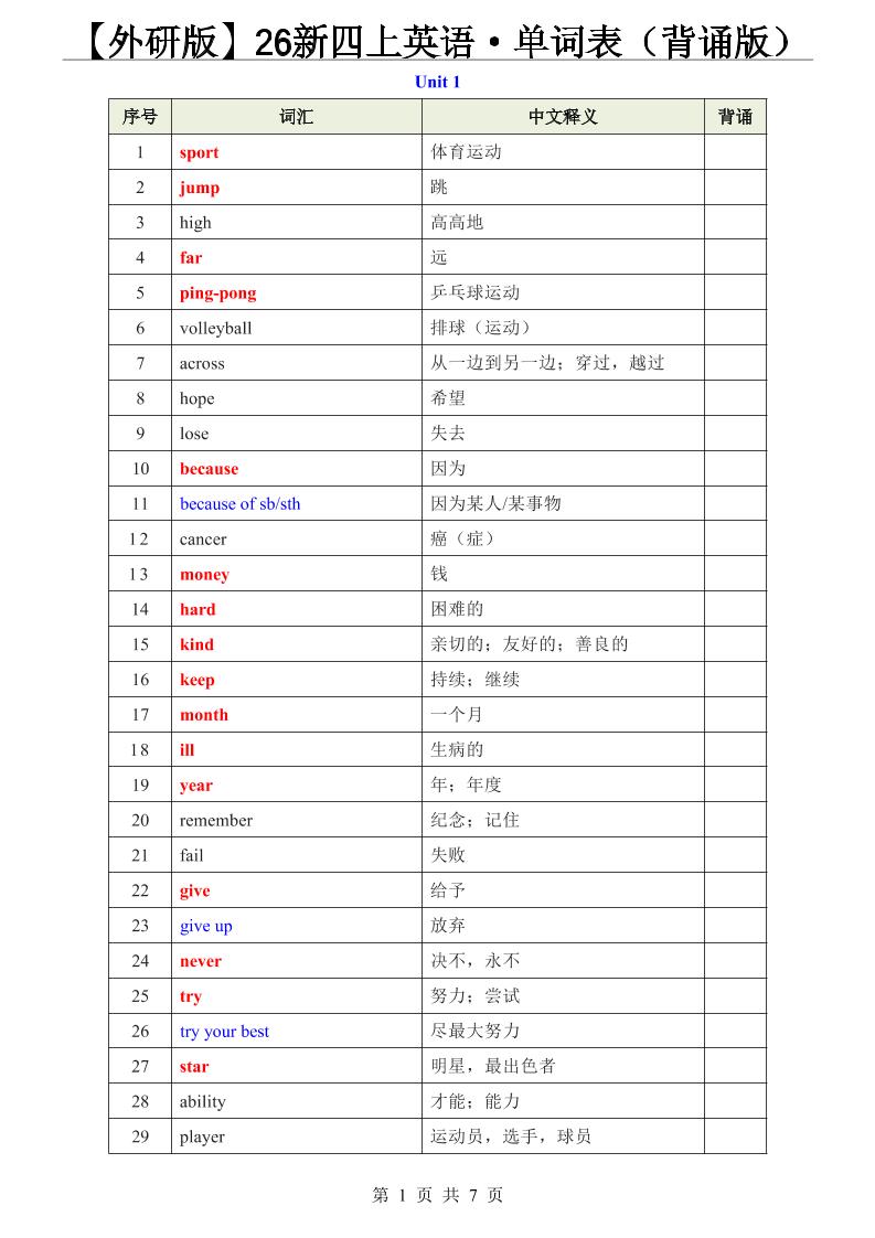 【外研版】26新四上英语·单词表（背诵版）-智享云联
