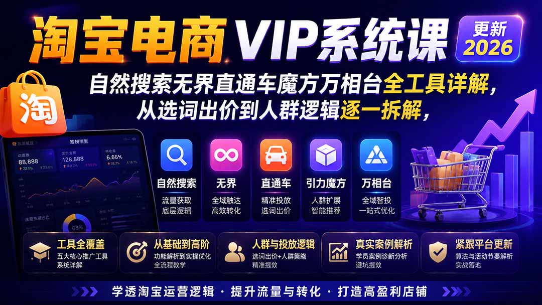 淘宝电商VIP系统课-更新8月;自然搜索无界直通车魔方万相台全工具详解,从选词出价到人群逻辑逐一拆解-智享云联
