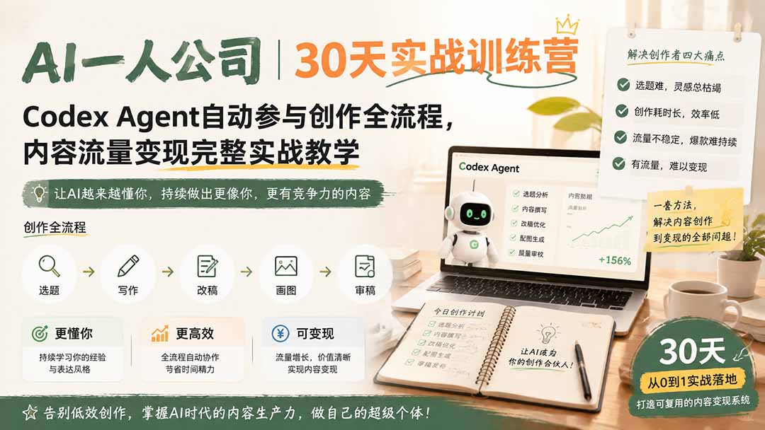 AI一人公司|30天实战训练营;Codex Agent自动参与创作全流程,内容流量变现完整实战教学-智享云联