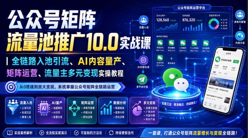 公众号矩阵流量池推广10.0实战课|全链路入池引流、AI内容量产、矩阵运营、流量主多元变现实操教程-智享云联