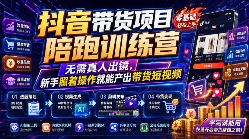 抖音带货项目陪跑训练营，无需真人出镜，新手照着操作就能产出带货短视频(更新0811)-智享云联