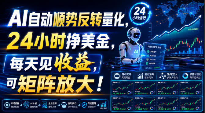 AI自动顺势反转量化，24小时挣美金，每天见收益，可矩阵放大！【揭秘】-智享云联