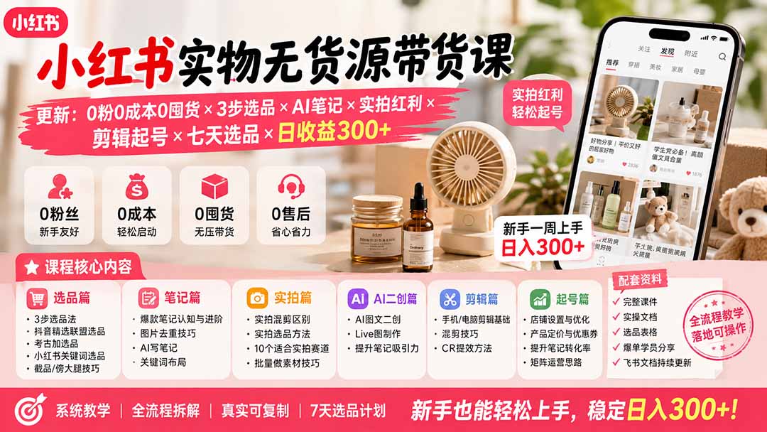 小红书实物无货源带货课-更新:0粉0成本0囤货×3步选品×AI笔记×实拍红利×剪辑起号×七天选品×日收益300+-智享云联