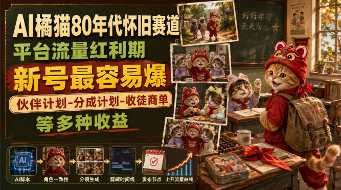 AI橘猫80年代怀旧赛道,平台流量红利期,新号最容易爆,伙伴计划-分成计划-收徒商单等多种收益-智享云联