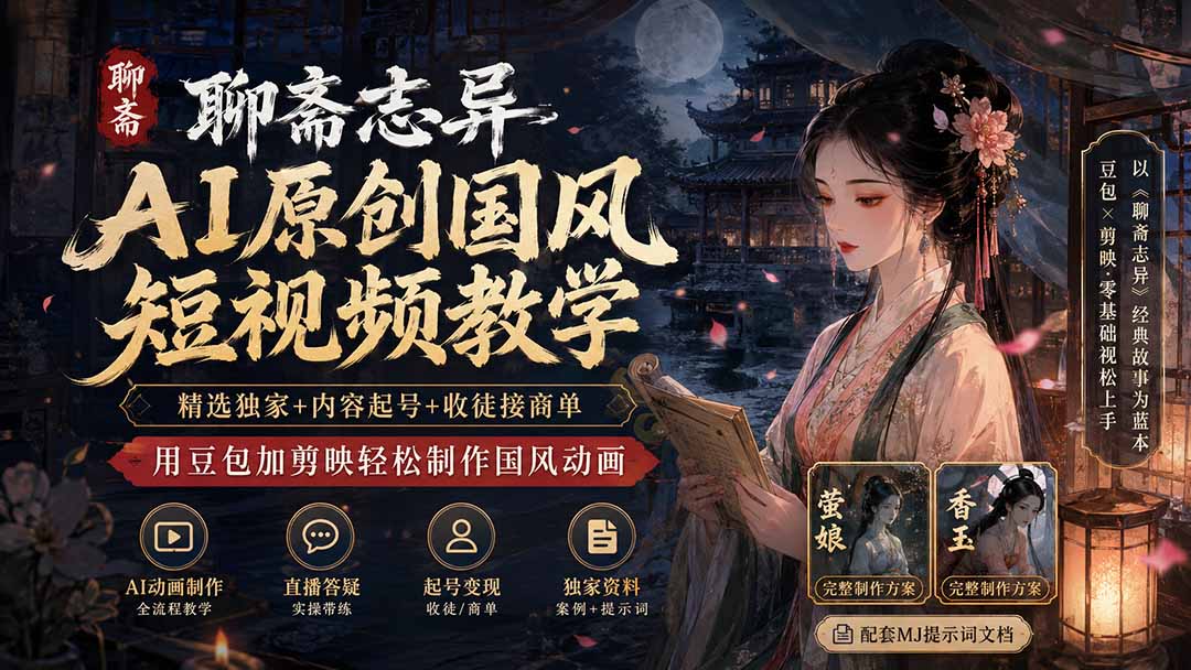 聊斋志异AI原创国风短视频教学;精选独家+内容起号+收徒接商单,用豆包加剪映轻松制作国风动画-智享云联