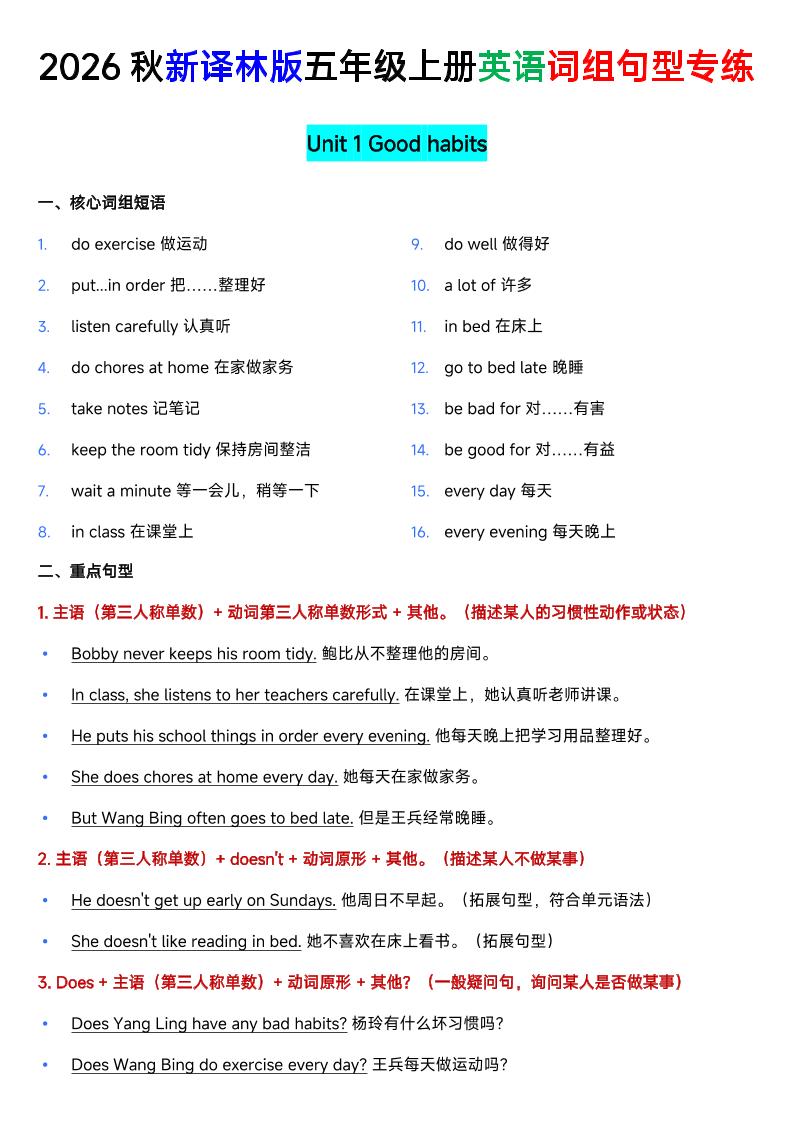 新译林版五年级上册英语U1-U8词组句型专项训练-智享云联