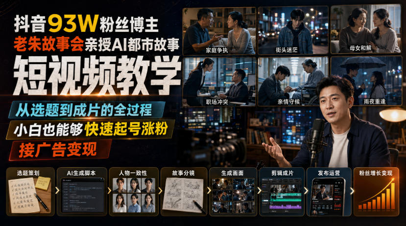 抖音93W粉丝博主老朱故事会亲授AI都市故事短视频教学,从选题到成片的全过程,小白也能够快速起号涨粉接广告变现-智享云联