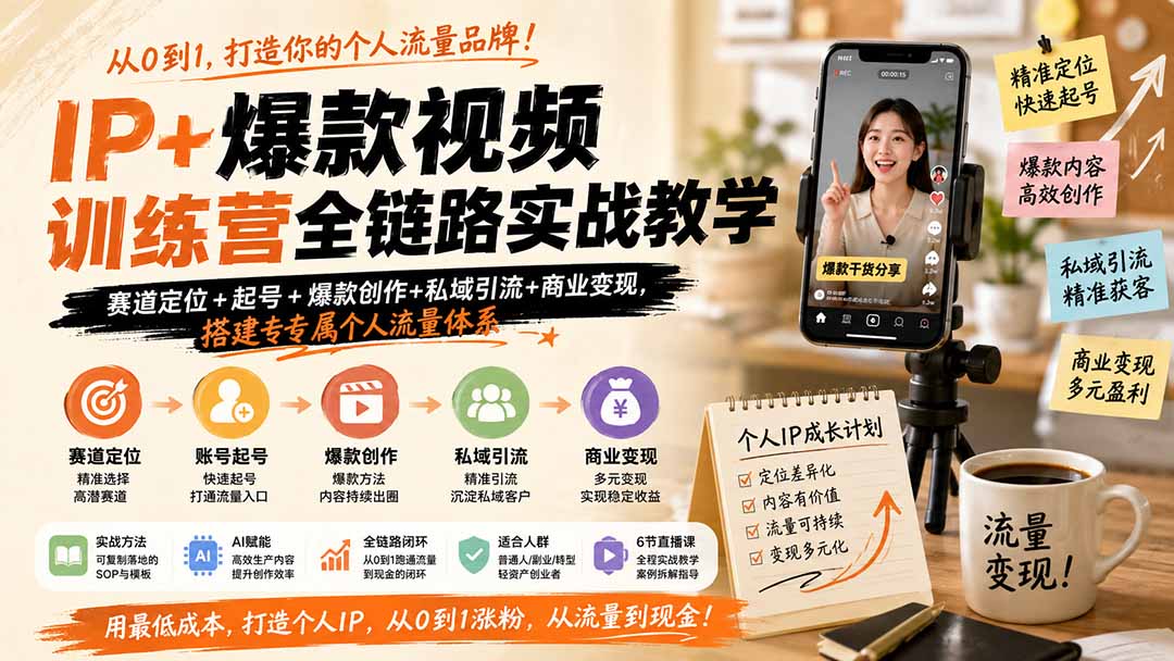 IP+爆款视频训练营全链路实战教学;赛道定位+起号+爆款创作+私域引流+商业变现,搭建专属个人流量体系-智享云联
