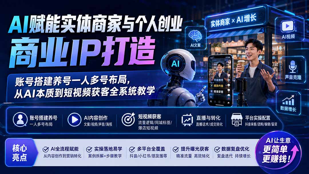 AI赋能实体商家与个人创业商业IP打造;账号搭建养号一人多号布局,从AI本质到短视频获客全系统教学-智享云联
