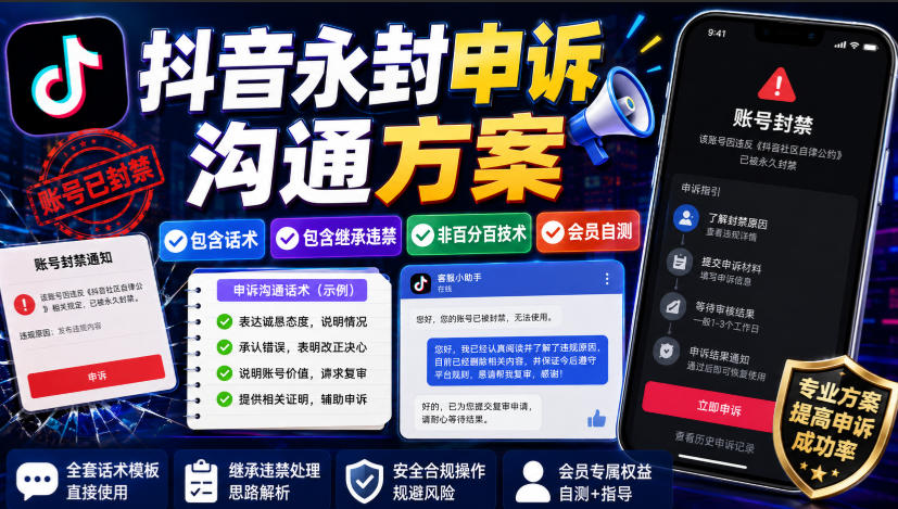 抖音永封申诉沟通方案，包含话术，包含继承违禁，非百分百技术，会员自测-智享云联