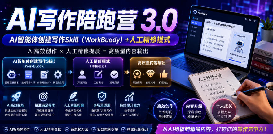 AI写作陪跑营3.0，Ai智能体创建写作skill(workbuddy)+人工手写模式(手搓模式)，去除AI痕迹(头条号、公众号、百家号)(更新0814)-智享云联