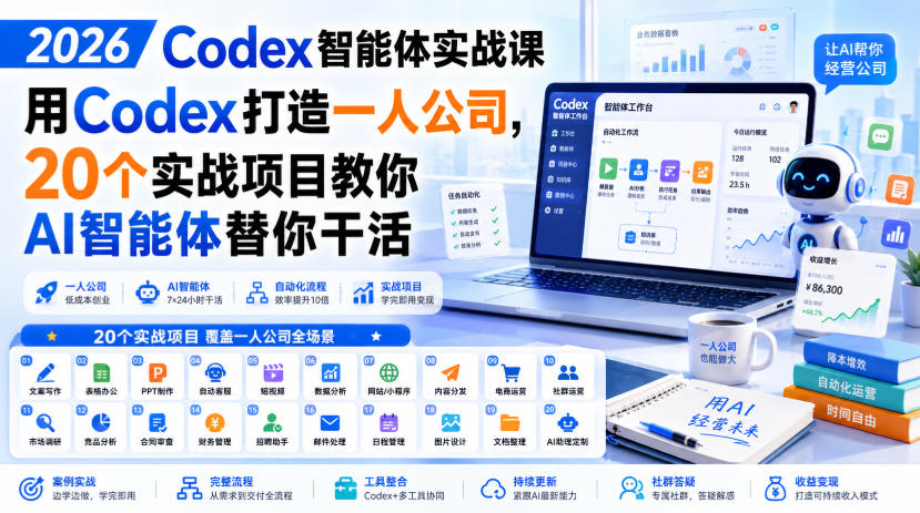 2026 Codex智能体实战课,用Codex打造一人公司,20个实战项目教你AI智能体替你干活-智享云联