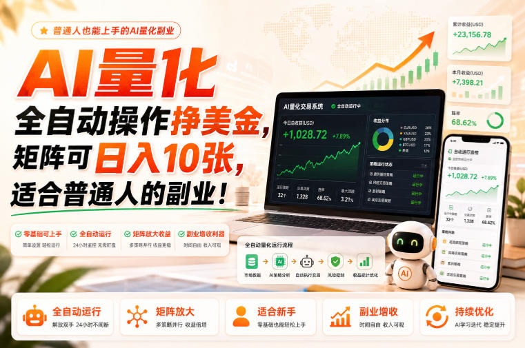 AI量化全自动操作挣美金，矩阵可日入10张，适合普通人的副业！【揭秘】-智享云联