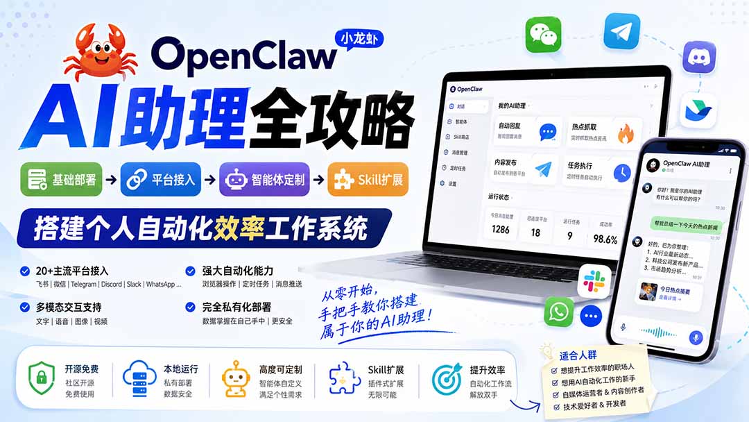OpenClaw小龙虾 AI助理全攻略：基础部署→平台接入→智能体定制→Skill扩展，搭建个人自动化效率工作系统-智享云联