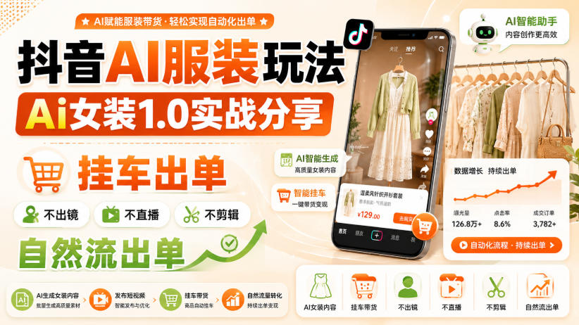 抖音AI服装玩法,Ai女装1.0实战分享,挂车出单,不出镜,不直播,不剪辑,自然流出单-智享云联